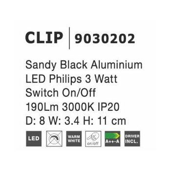 NL9030202 ZIDNA SVJETILJKA CLIP LED 3W/3000K/190lm/230V CRNA S PREKIDAČEM