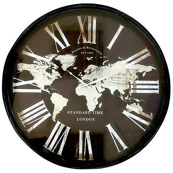 SAT ZIDNI OKRUGLI S METALNIM OKVIROM 60 CM – KARTA SVIJETA