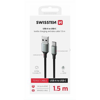 KABEL SWISSTEN USB/USB-C, TEXTILE II, 3A, 60W, 480 MB/S, 1,5M CRNO-SIVI