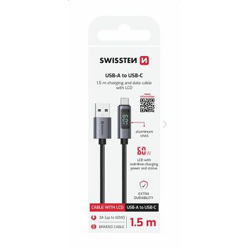 KABEL SWISSTEN LED INDIKATOR, USB/USB-C 1,5 M, 60W, TEKSTILNI CRNI