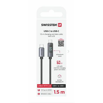 KABEL SWISSTEN LED INDIKATOR, USB-C/USB-C 1,5 M, 60W, TEKSTILNI CRNI