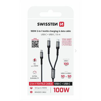 KABEL SWISSTEN 2U1 USB-C/2X USB-C, 100W, 50W+50W, 1,5M TEKSTILNI CRNI