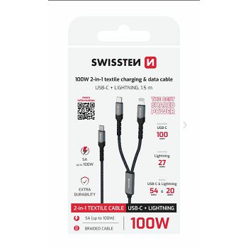 KABEL SWISSTEN 2U1 USB-C/USB-C+LIGHTN, 100W, 54W+20W, 1,5M TEKSTIL CRNI