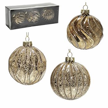 KUGLICE ZA BOR STAKLENE 8 cm 3/1 zlatne reljefne