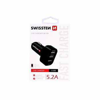 PUNJAČ ZA AUTO SWISSTEEN 3 x USB 12-24V CRNI