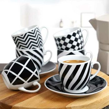 ŠALICE ZA KAVU S TANJURIĆIMA 6/1 PORCULAN 90 mL – CRNO-BIJELI SORT DEKORI
